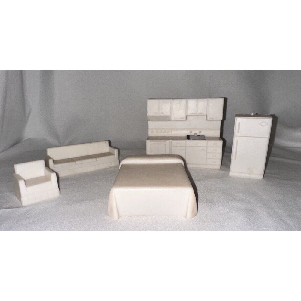 Vintage Dollhouse Furniture White Plastic Bed living room kitchen Lot